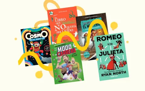 Libros con diversos temas: un astronauta en el espacio, un misterio en una mansión, fútbol, y una versión interactiva de Romeo y Julieta.
