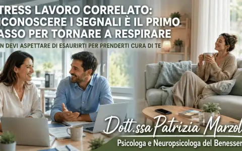 Coppia sorridente in ufficio e donna rilassata a casa, per riconoscere i sintomi stress da lavoro e prendersi cura di sé.