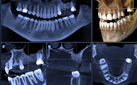 Badanie CBCT zębów: panorama, przekroje i wizualizacja 3D szczęki. Widoczne ubytki i korony.