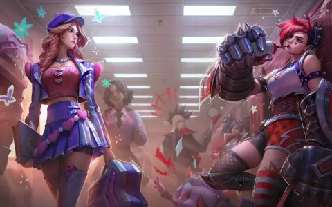 Postacie z League of Legends w szkolnych strojach, w tle korytarz szkolny.
