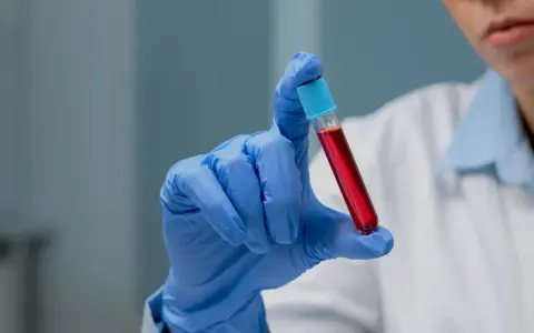 Ręka w niebieskiej rękawiczce trzyma probówkę z czerwoną cieczą. To może być próbka do badań, np. PDW co to jest, czyli wskaźnik anizocytozy płytek krwi.