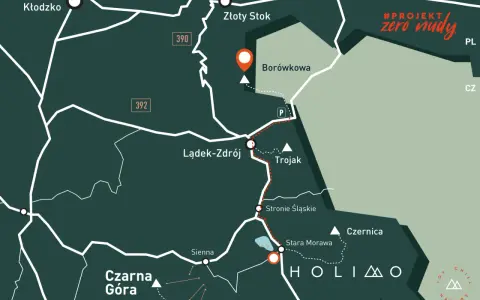 Mapa szlaku #projekt zero nudy. Punkt docelowy to Borówkowa góra, z zaznaczonymi miejscowościami Kłodzko, Lądek-Zdrój i Czarna Góra.