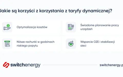 Grafika przedstawia cztery ikony z opisami: optymalizacja kosztów, świadome planowanie pracy urządzeń, niższe rachunki i wsparcie OZE.