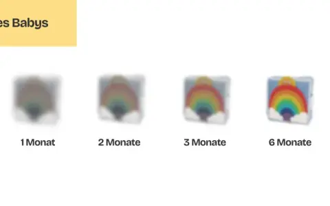 Wie sehen babys: Von verschwommen bei Geburt bis klar bei 6 Monaten. Ein Stoffbuch mit Regenbogen und Sonne wird schärfer.