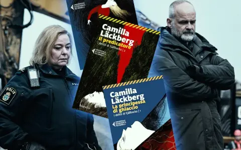 I libri di Camilla Läckberg in ordine: "La principessa di ghiaccio", "Il predicatore" e "Lo scalpellino", con i volti dei protagonisti sullo sfondo.