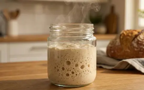Blubbernder Sauerteig im Glas, der nach Essig riecht, dampft leicht. Daneben liegt ein frisch gebackenes Brot.