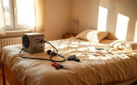 Ein Intex Luftbett mit integrierter Pumpe verliert Luft. Kabel und Werkzeuge liegen auf dem Bett.