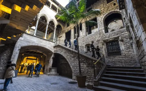 Gente paseando por un patio interior con palmera, escaleras de piedra y arcos. Ideal para visitar museos gratis domingo Barcelona.