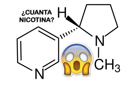 ¿Cuánta nicotina tiene un vaper? La imagen muestra la estructura química de la nicotina con un emoji de sorpresa.