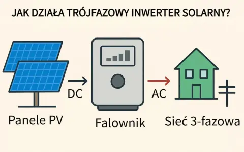 Schemat pokazuje, jak działa falownik trójfazowy: panele PV generują prąd stały (DC), który falownik zamienia na prąd zmienny (AC) dla sieci 3-fazowej.