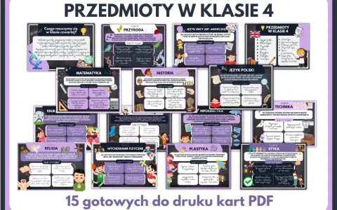 Przedmioty w klasie 4: przyroda, matematyka, historia, język polski, język obcy, informatyka, technika, plastyka, wychowanie fizyczne, edukacja, religia, etyka.