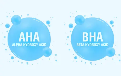 Dwa bąbelki z napisem AHA (Alpha Hydroxy Acid) i BHA (Beta Hydroxy Acid), symbolizujące składniki kosmetyków.