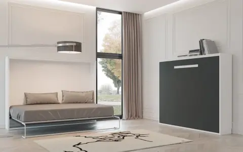 Cama abatible vertical 90x190 con sofá integrado, ideal para optimizar espacios.