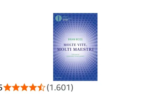Copertina del libro "Molte vite, molti maestri" di Brian Weiss, con un disegno astratto blu e bianco.