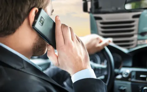 Biznesmen w garniturze rozmawia przez telefon, siedząc za kierownicą ciężarówki. To symbol odpowiedzialności spedytora.