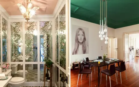 Bagno con soffitto rosa e sala da pranzo con soffitto verde smeraldo: idee pittura soffitto audaci per trasformare gli spazi.