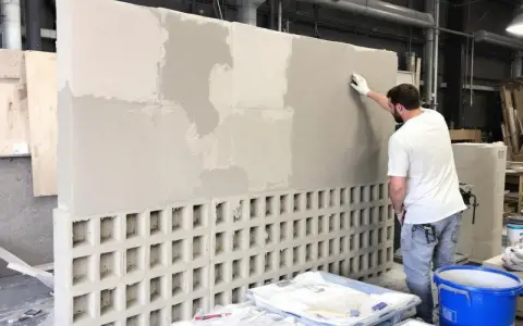 Un homme applique de l'enduit sur un mur en parpaing ajouré, créant une texture unique.