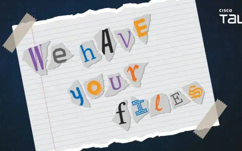 Przykłady ransomware: porwana kartka z napisem "We have your files" na tle kodu binarnego.