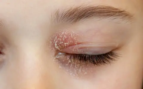 Peau sèche et squameuse sur la paupière, symptôme d'eczéma aux yeux. Cause possible : réaction allergique ou irritant.