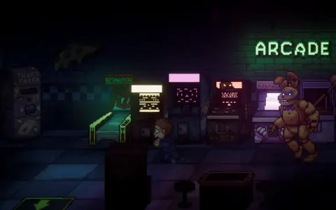 Chłopiec ucieka przed Springtrapem w mrocznym salonie gier, jak w **FNAF Into the Pit**.