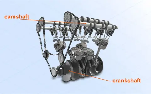 A detailed engine diagram showing the camshaft controlling valves and the crankshaft connected to pistons, illustrating their distinct roles.