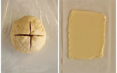 Impasto per pasta fatta in casa pronto per essere lavorato, accanto a una lastra di burro.