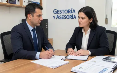 Profesionales discuten la diferencia entre gestoría y asesoría en una oficina.