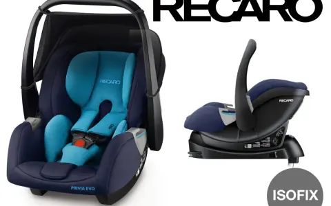 Dwa foteliki samochodowe Recaro w kolorze granatowym i niebieskim, jeden z bazą Isofix.