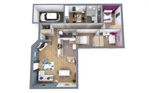 Plan 3D d'une maison avec garage, salon, cuisine, salle de bain et chambres.