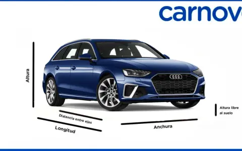 Audi A4 Avant azul con indicaciones de sus audi a4 avant medidas: longitud, distancia entre ejes, altura y altura libre al suelo.