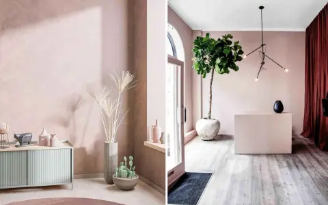 Ambiance douce : quelle couleur avec rose poudré ? Un décor moderne avec des plantes, des vases et un meuble bas.