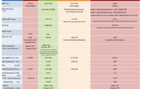 Tabela wyników badań: trójglicerydy norma 0-149. Inne parametry: BMI, ciśnienie, glukoza, cholesterol.