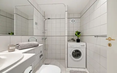 Baño con lavadora, ducha y un extractor de aire en la habitación para mantener la frescura.