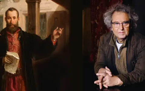 Jan Kochanowski i Tadeusz Woźniak. Obraz przedstawia poetę z XVI w. i współczesnego artystę, jakby śpiewali pieśń świętojańską o sobótce.
