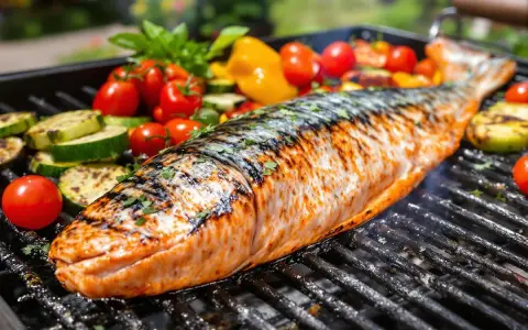 Un poisson entier, grillé à la perfection, avec des légumes colorés autour. Un délice de poisson au barbecue.