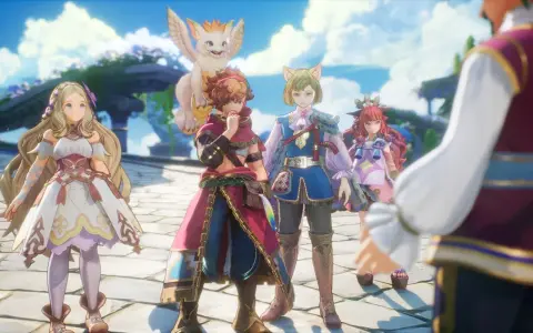 Un grupo de aventureros, con visiones de mana, se reúne bajo un cielo azul. Una chica rubia con vestido blanco, un chico con capa roja, otro con orejas de gato y una chica pelirroja.