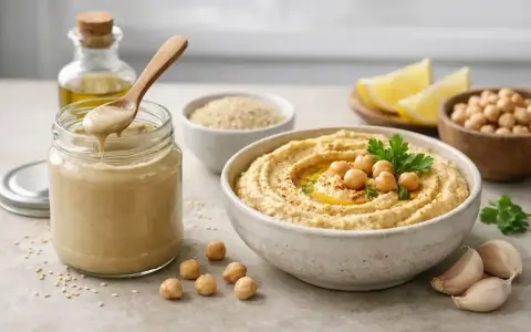 Słoik z gładkim tahini, obok miska z hummusem, ciecierzycą, czosnkiem i cytryną. Tahini co to? Pasta sezamowa!