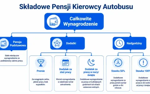 Schemat składników pensji kierowcy autobusu: pensja podstawowa, dodatki (premie, staż pracy, praca w nocy/święta) i nadgodziny. Kierowca autobusu zarobki zależą od wielu czynników.