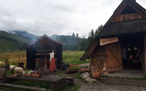 Tradycyjna bacówka w Karpaczu, gdzie wędzą się pyszne oscypki. W tle góry i owce.