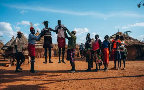 Ludzie w tradycyjnych strojach tańczą przed chatami. Czy Uganda jest bezpiecznie? Tak, w takich miejscach można poczuć się bezpiecznie.