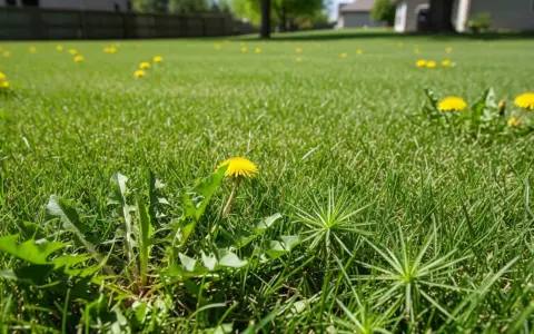 A lush green lawn in Iowa dotted with bright yellow dandelions, a common sight among iowa lawn weeds.