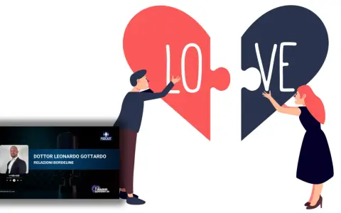 Coppia che cerca di completare la parola "LOVE" su un cuore spezzato, simboleggiando le sfide della personalità borderline in amore. Podcast di Dottor Gottardo.