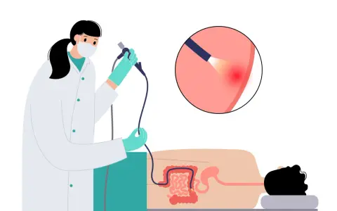 Arzt führt Darmspiegelung durch. Eine Lupe zeigt eine Entzündung im Darm. Warum nicht duschen vor Darmspiegelung? Hygiene ist wichtig.