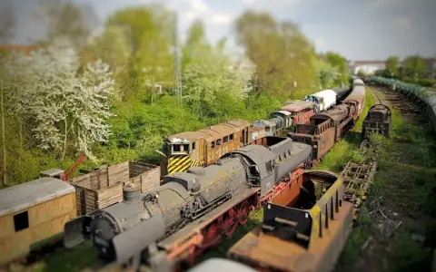 Un cementerio de trenes con efecto tilt shift, donde locomotoras y vagones oxidados parecen miniaturas bajo un cielo nublado.