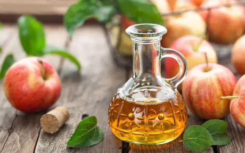Aceto di mele in un decanter, mele rosse e foglie verdi su un tavolo di legno. Un rimedio naturale per sapere come eliminare i funghi della pelle velocemente.