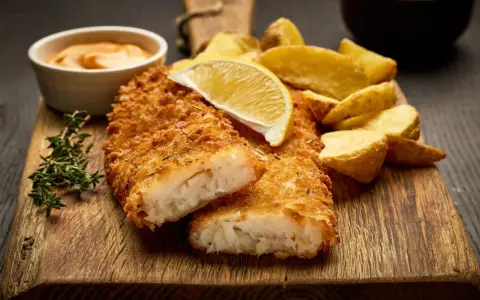 Krispigt panerad fisk, perfekt stekt, serveras med klyftpotatis och en citronskiva. En härlig måltid att njuta av.