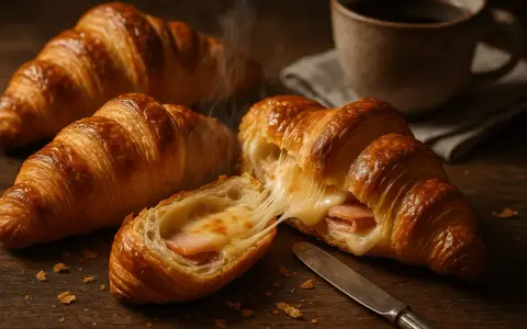 Un croissant au jambon fondant, avec du fromage dégoulinant, prêt à être dégusté avec un café chaud.