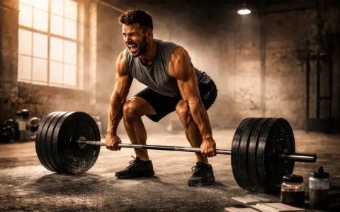 Man med en imponerande crossfit kropp lyfter tung skivstång i ett dammigt gym.