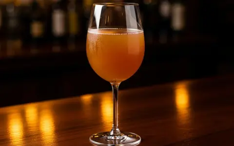 Ett glas med gyllene vit sangria står på en träyta. Perfekt för ett somrigt vit sangria recept.