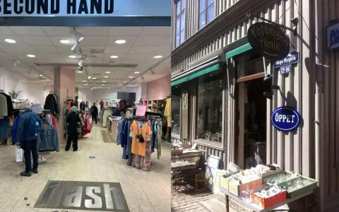Två scener från stora loppisar: en modern second hand-butik med kläder och en antikaffär med skylten "Öppet".